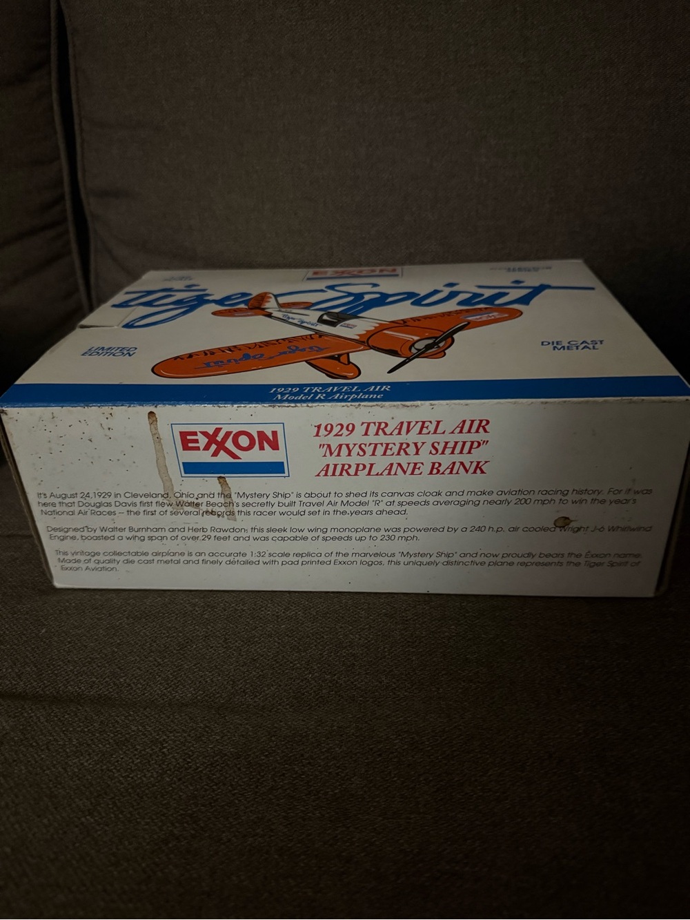 EXXON "Tiger Spirit" 1929 Die Cast Metal Travel Air Airplane Bank  Model R  1992